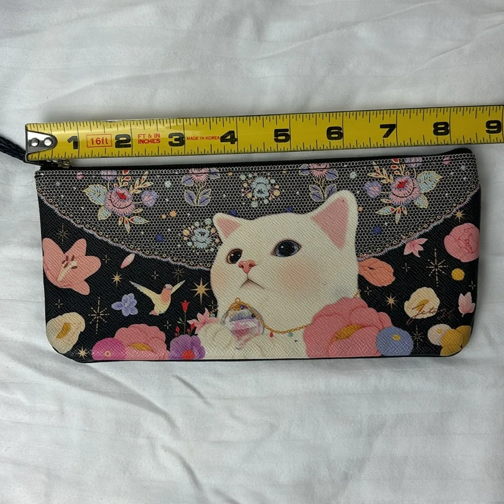 Adorable vegan leather rainbow cat wristlet full zipper with harness loop